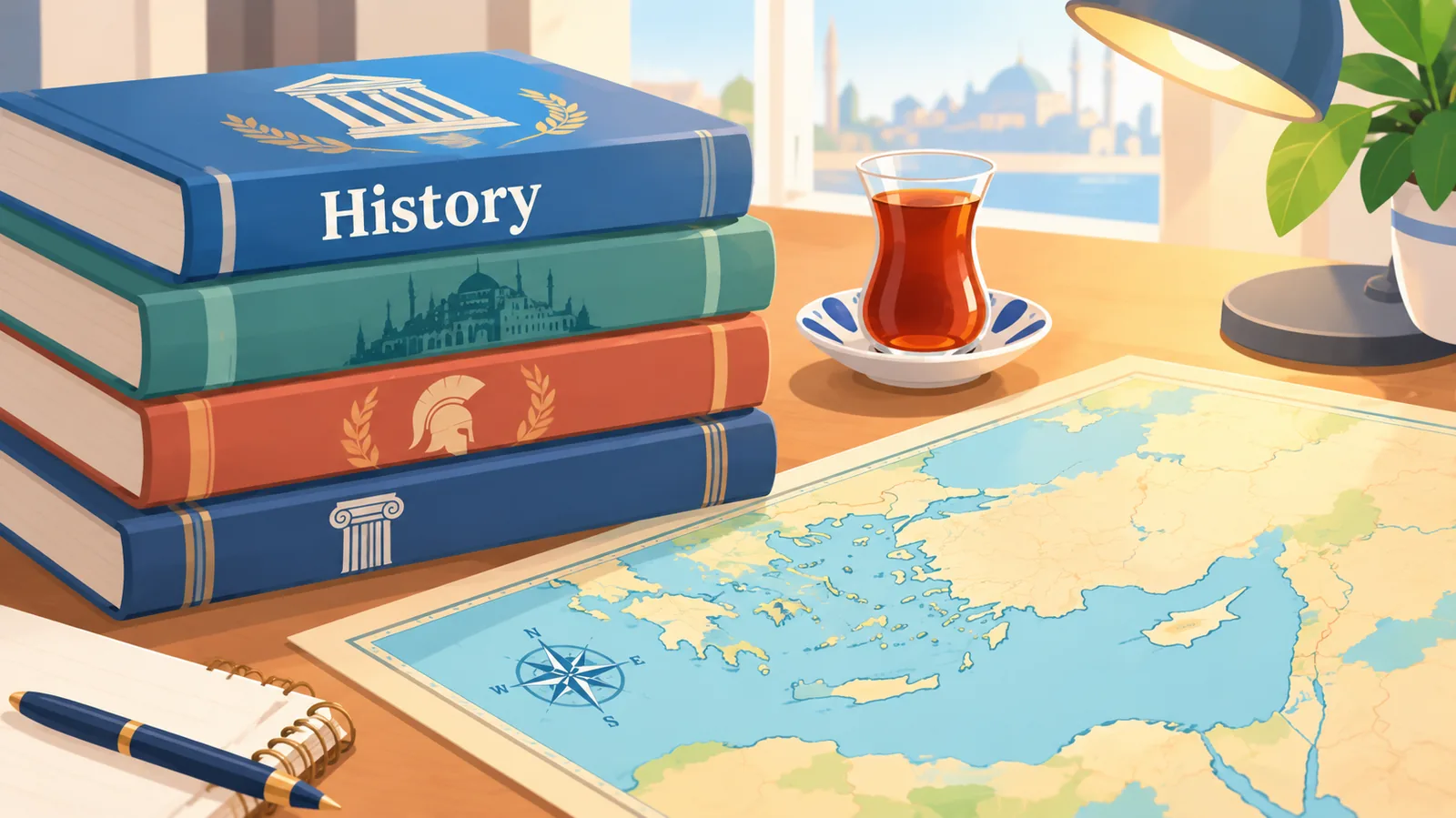 Osmanlı tarihi okuması için masa üstünde kitaplar ve harita