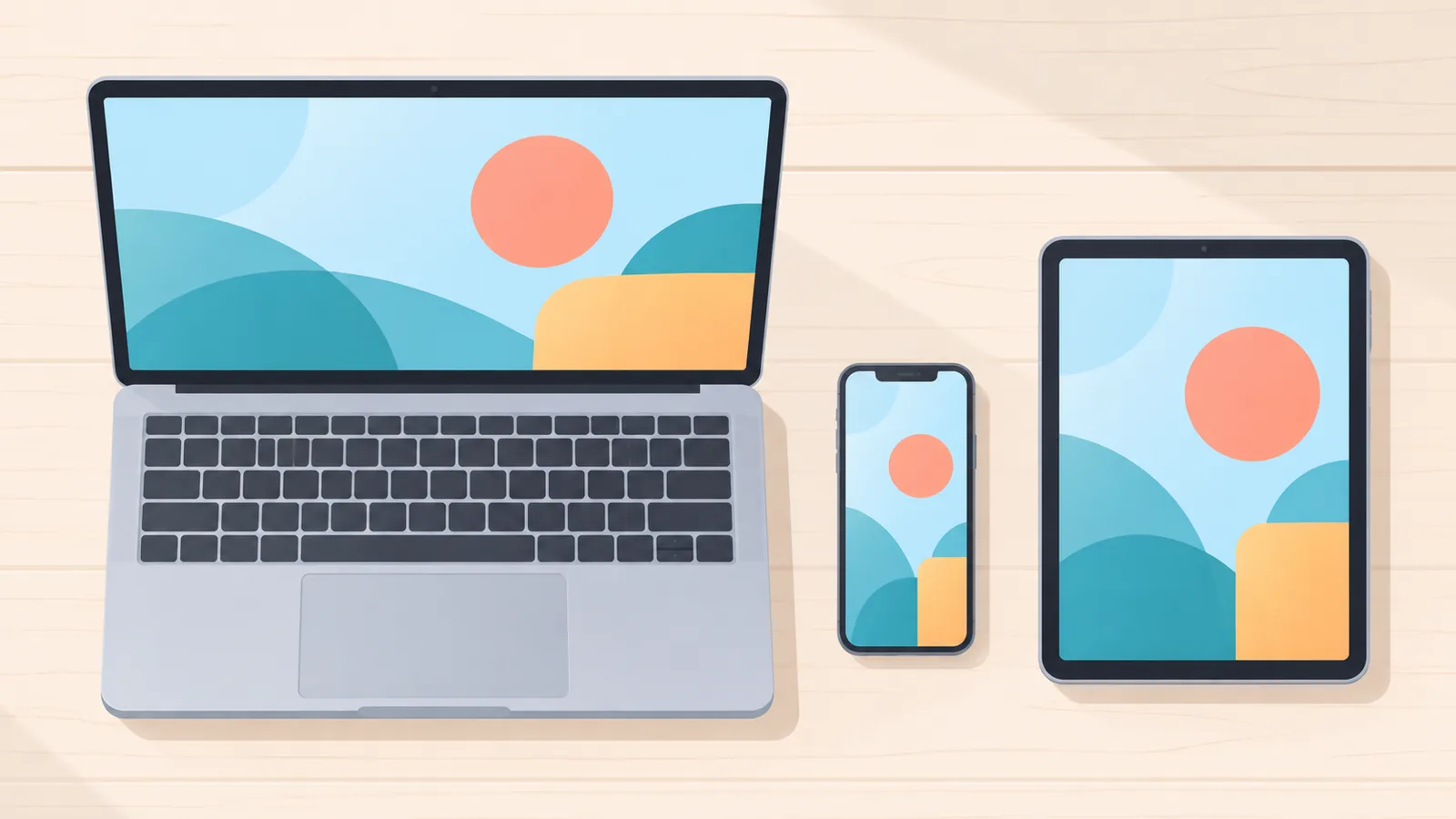 Yan yana duran dizüstü bilgisayar, telefon ve tablet