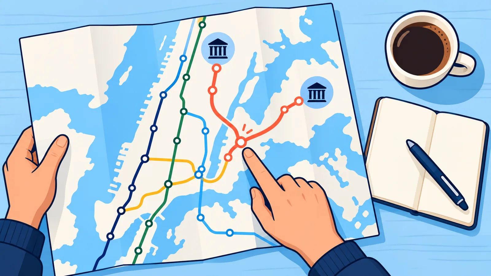 New York müze gezisi planlama masası, harita, defter ve kahve