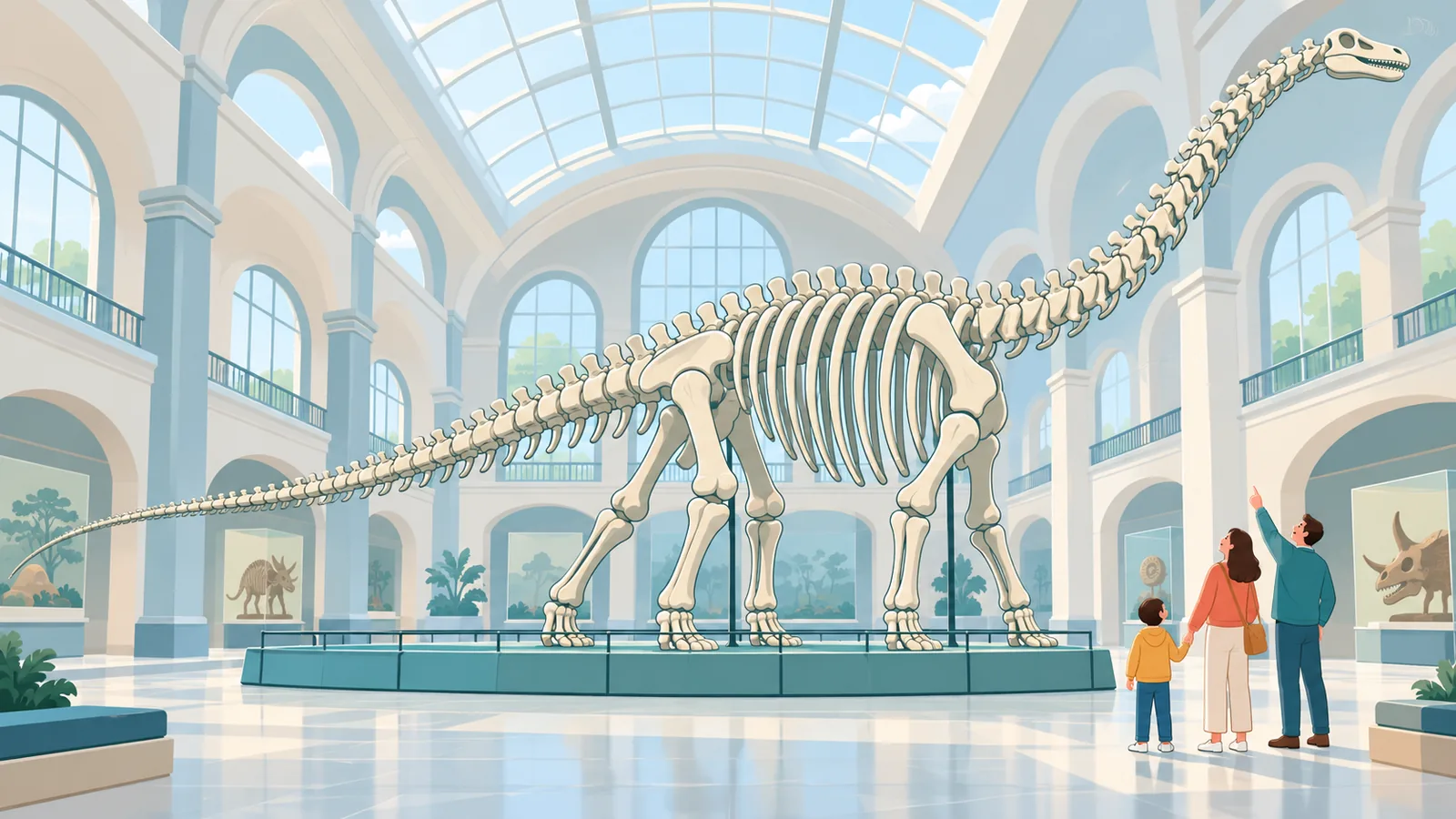 Doğa Tarihi Müzesi’nde dinozor iskeletine bakan aile