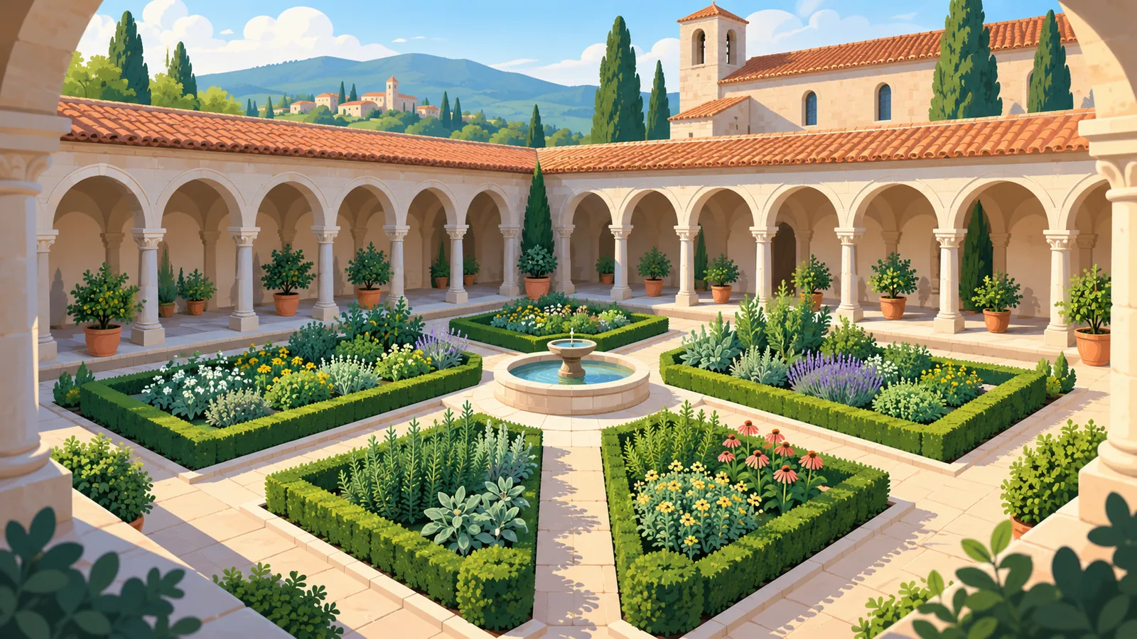 Cloisters’ta kemerli sütunlar ve bitki yataklarıyla Orta Çağ bahçesi
