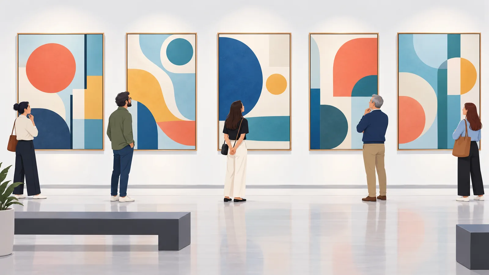 Modern sanat galerisinde büyük tabloları izleyen ziyaretçiler