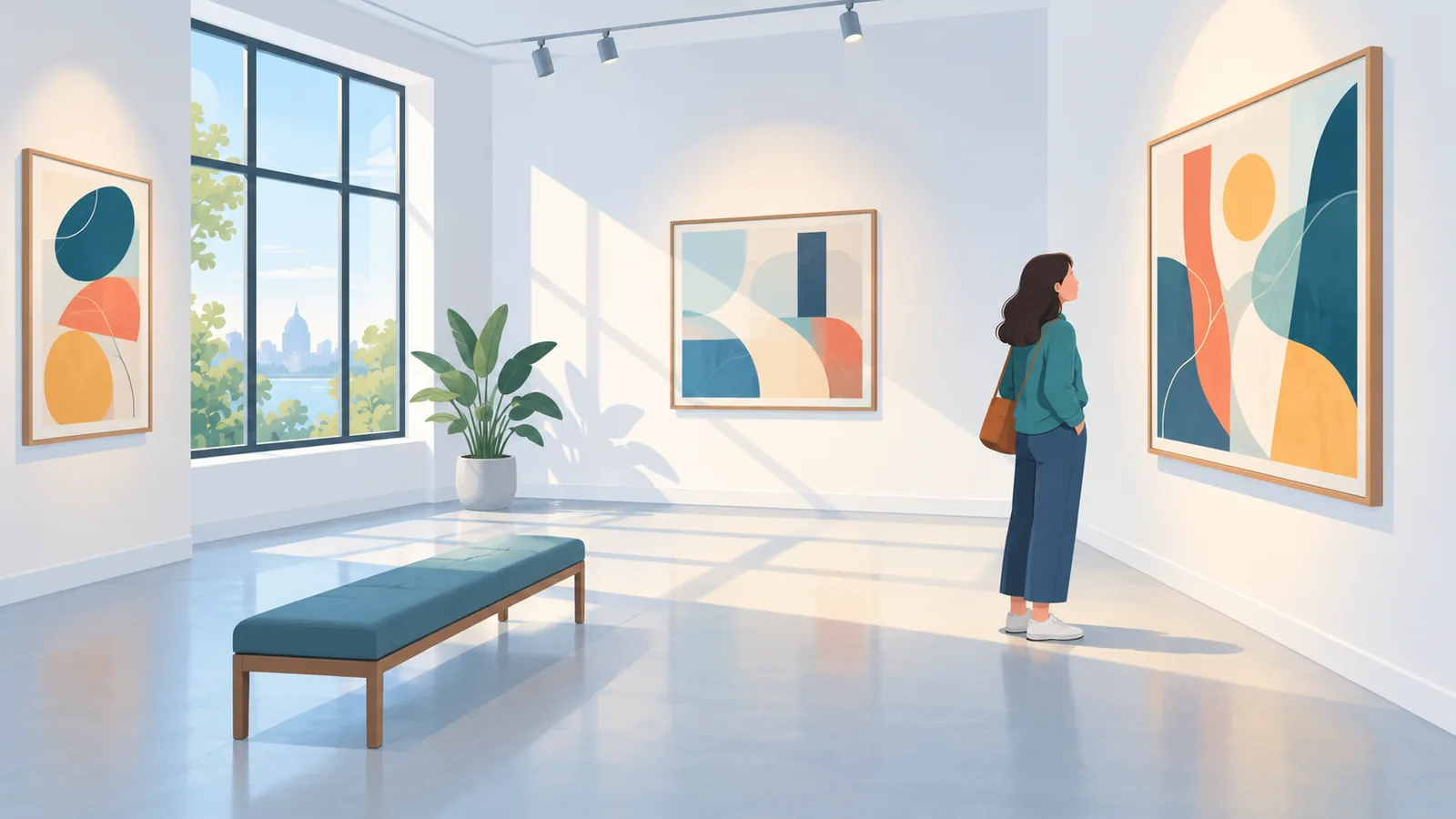 Küçük ve sakin bir sanat galerisinde eseri inceleyen ziyaretçi