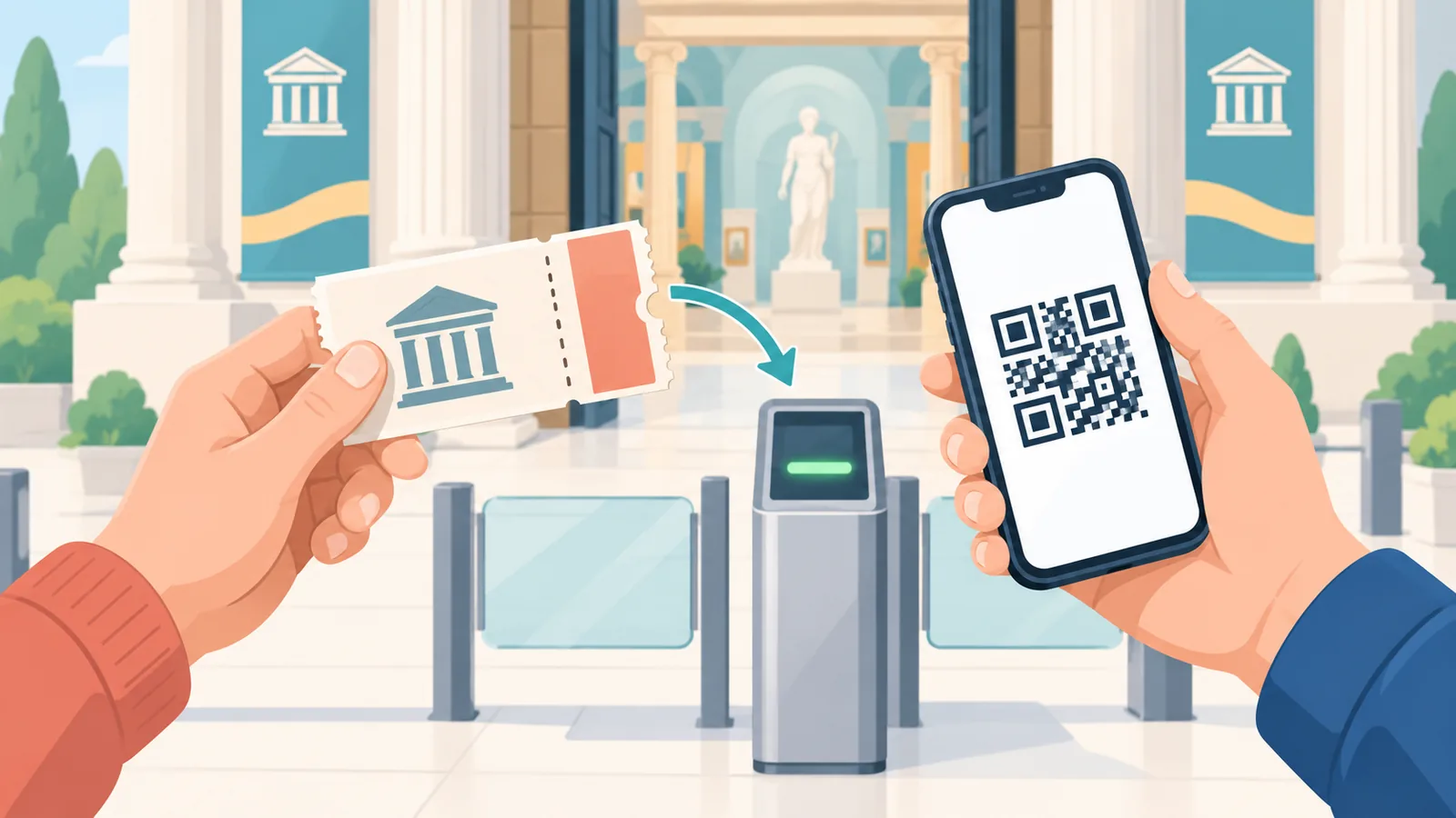 Müze girişinde bilet ve QR kod gösteren telefon