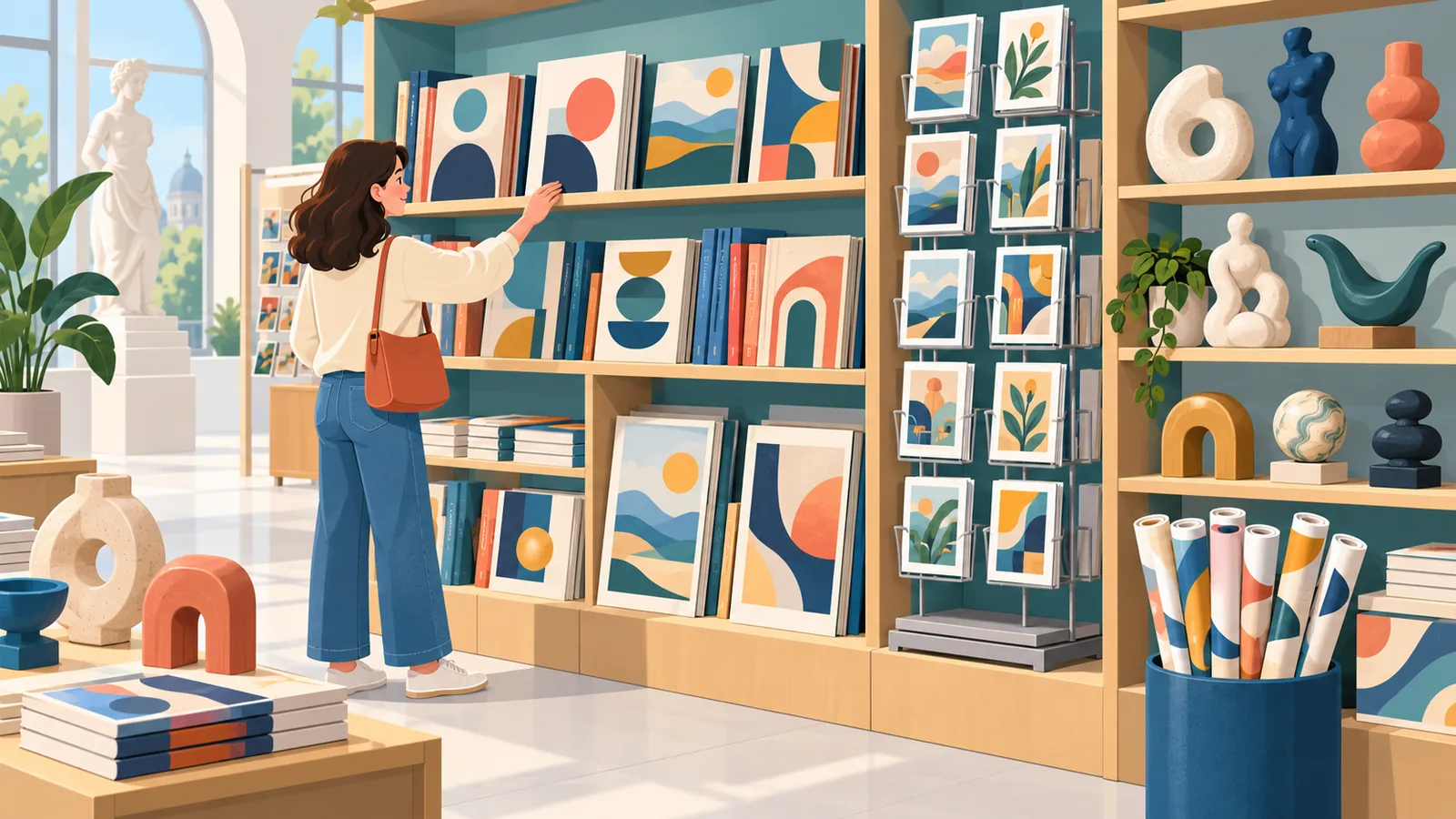 Kitap, kartpostal ve poster dolu müze mağazası rafları