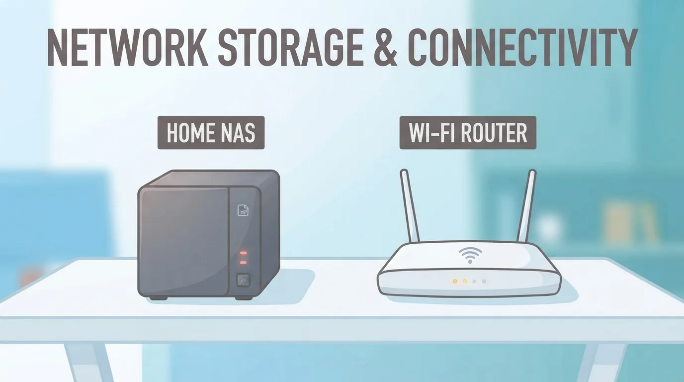 Rafta duran küçük NAS cihazı ve router
