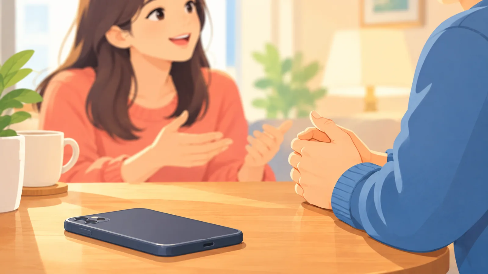 Telefonu masaya bırakıp partnerini dikkatle dinleyen kişi