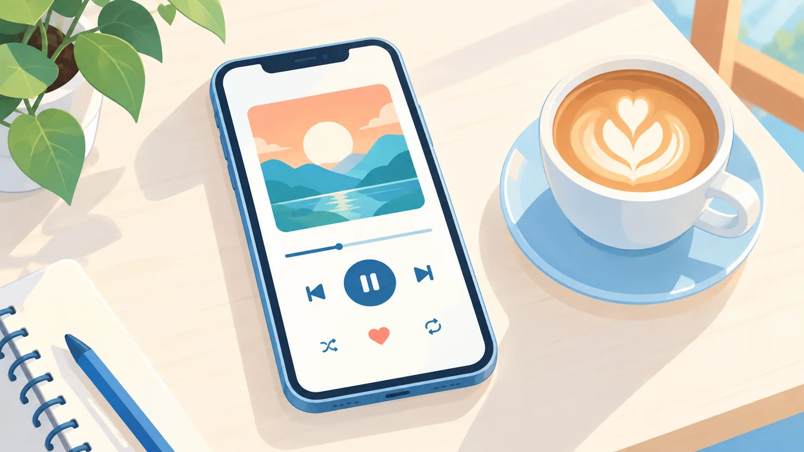 Kahve fincanının yanında müzik çalar açık telefon