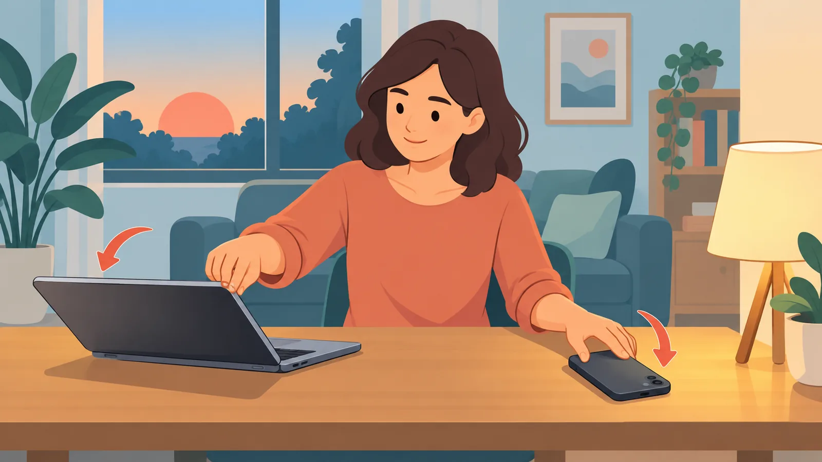 Akşam bilgisayarı kapatıp telefonu masaya ters koyan kişi