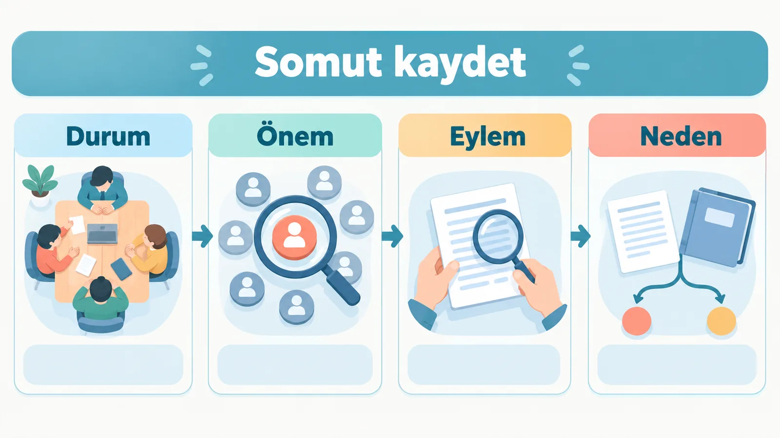 Öz gözlem kaydı dört adımda ilerler: durum, önem verilen şey, yapılan davranış ve başka olası neden.
