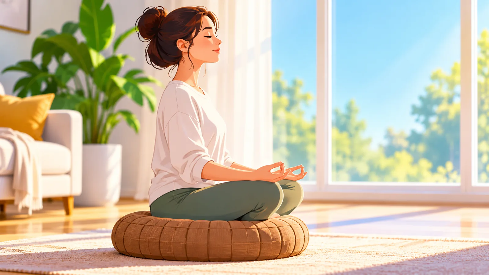 Aydınlık bir odada yuvarlak meditasyon minderinde bağdaş kurarak oturan kişi
