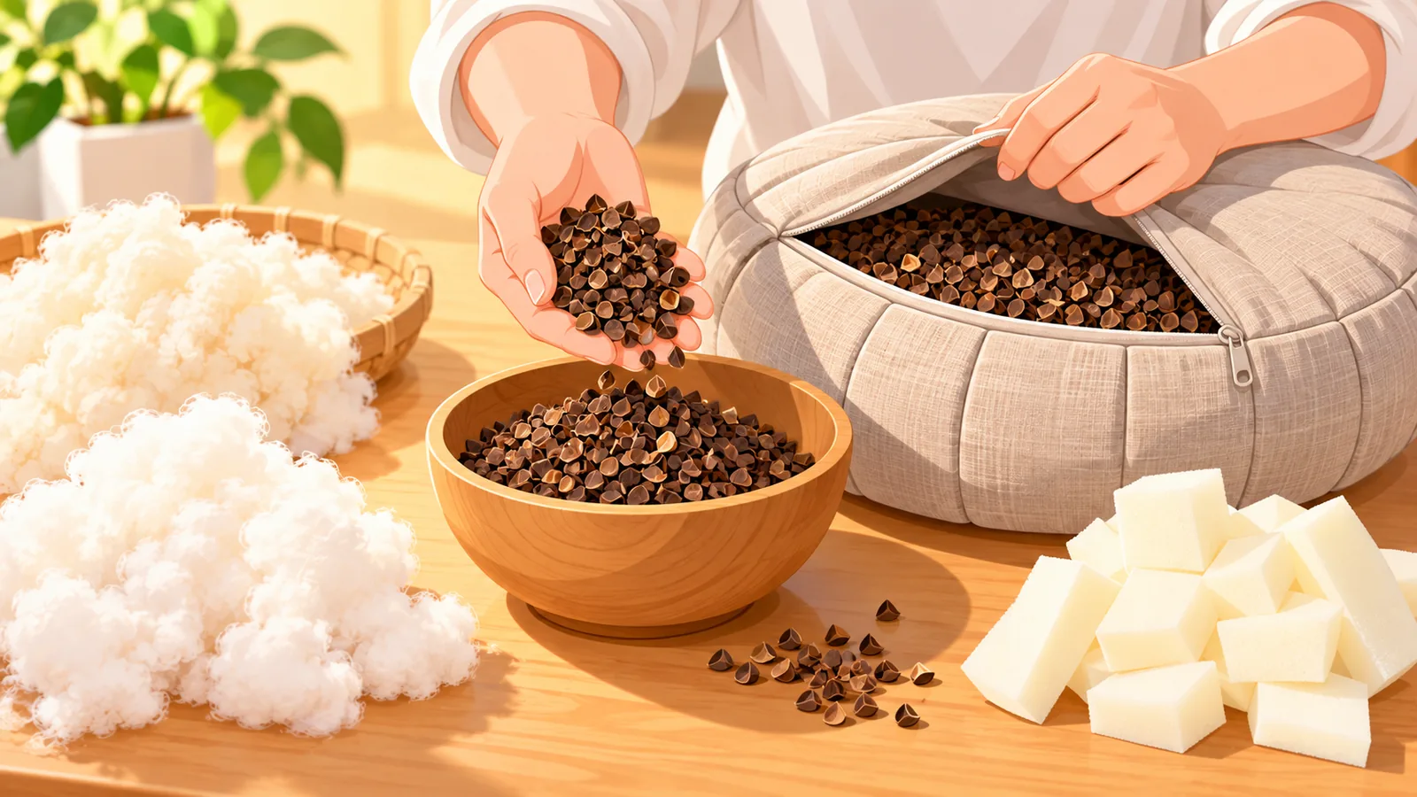 Karabuğday kepeği, kapok ve sünger dolgu malzemeleri ile minder fermuarı