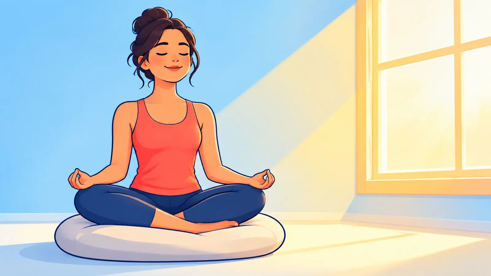 Sabah ışığında pencere kenarında minderde meditasyon yapan kişi