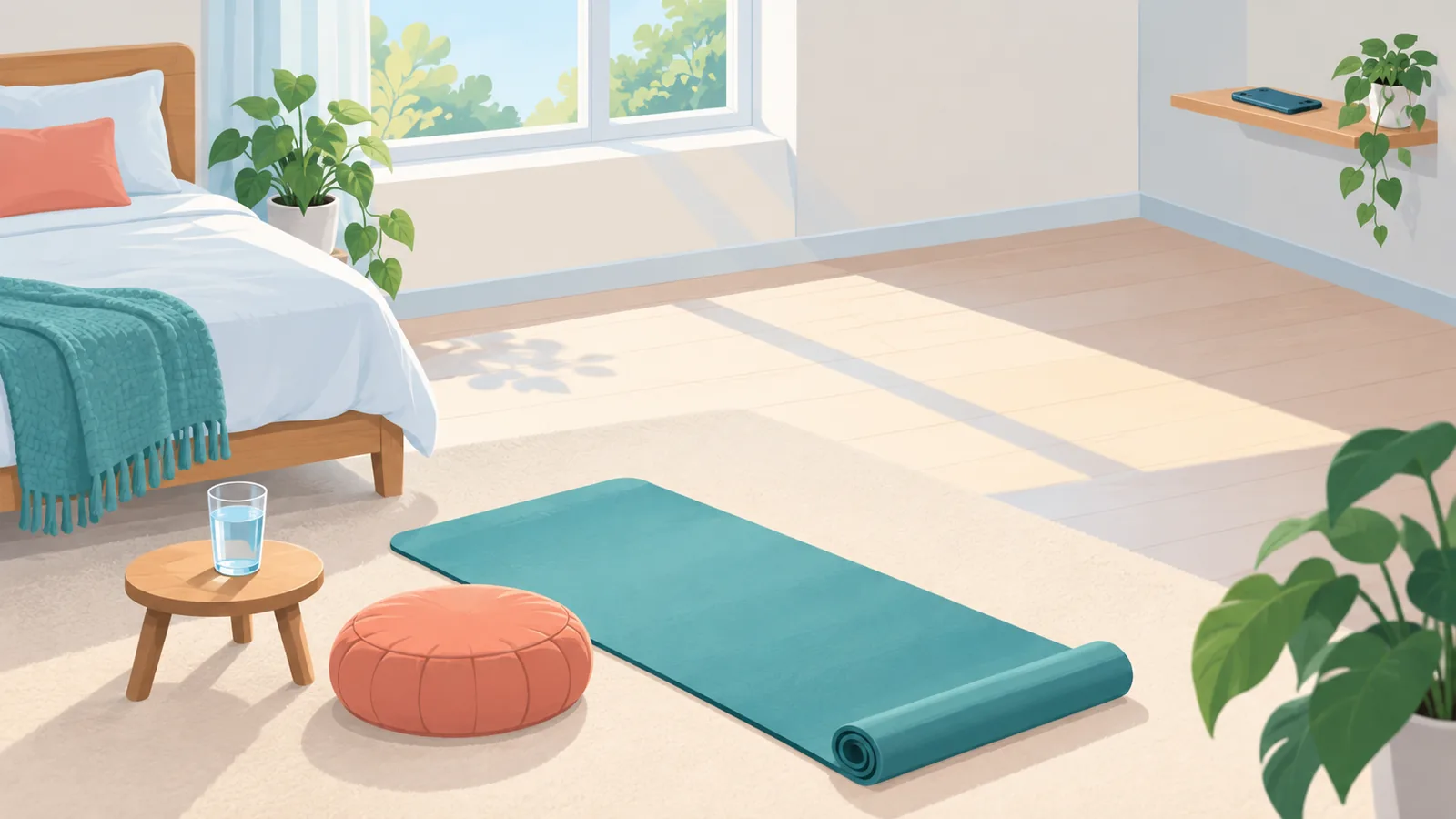 Yoga minderi, yastık ve su bardağıyla hazırlanmış sakin bir köşe