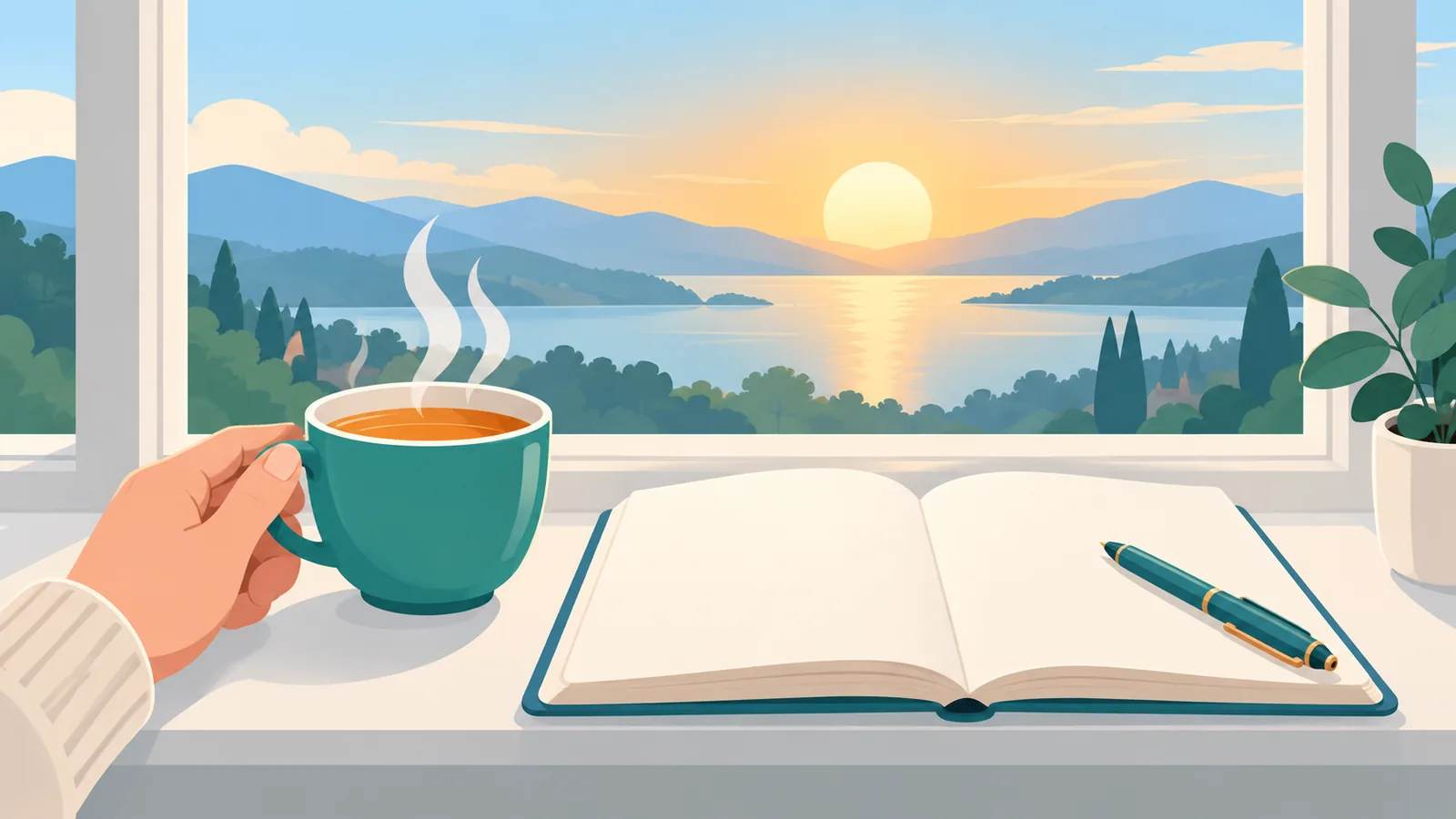 Pencere kenarında çay fincanı ve açık defter