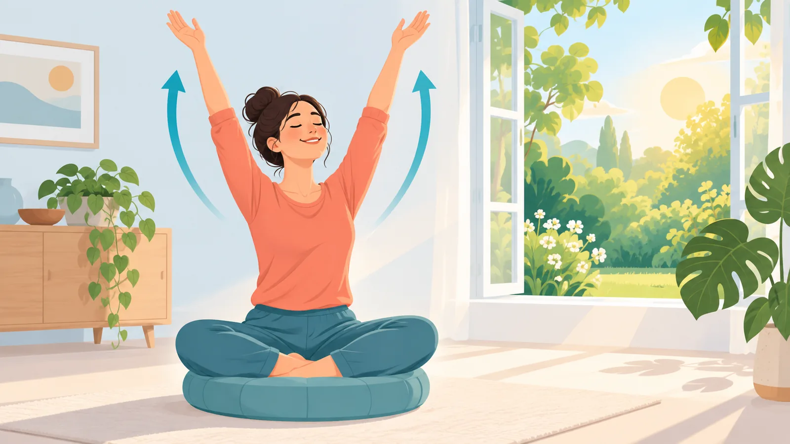 Meditasyon sonrası pencere önünde kollarını yukarı uzatan kişi