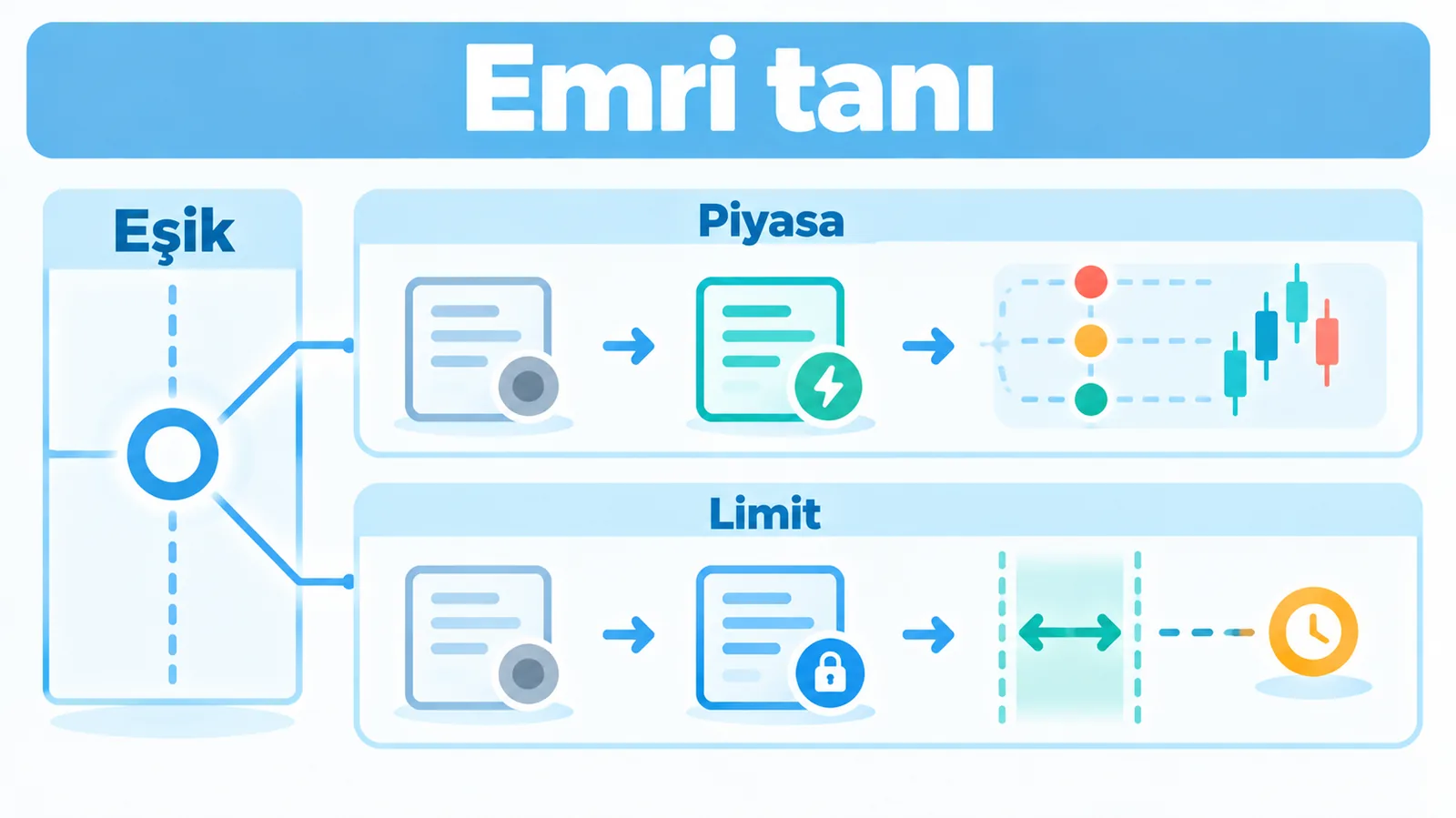 Tetikleme sonrası piyasa emrinde fiyat belirsizliğini, limit emirde ise gerçekleşmeme olasılığını gösteren iki