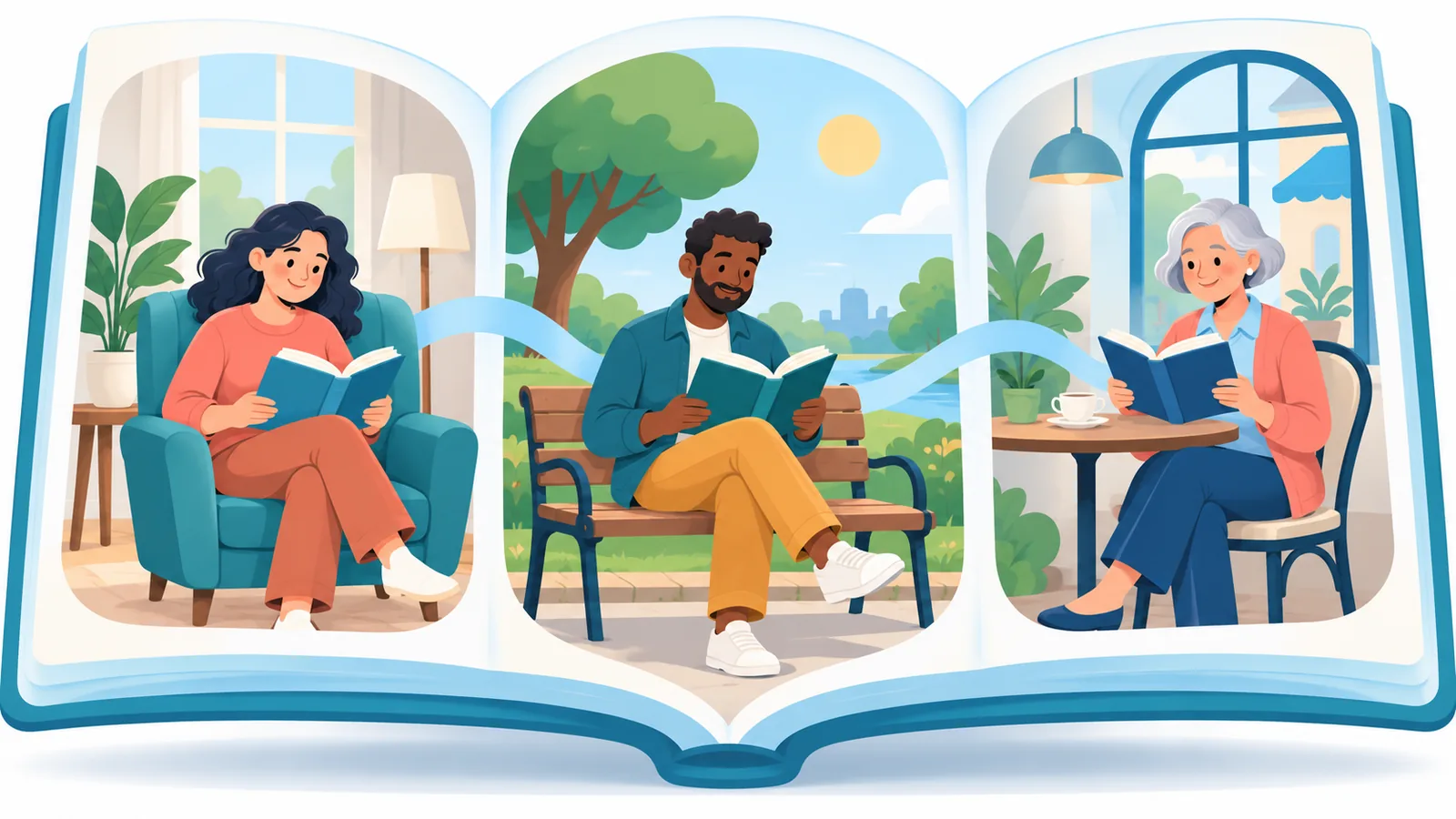 Farklı ortamlarda kitap tutan üç okur