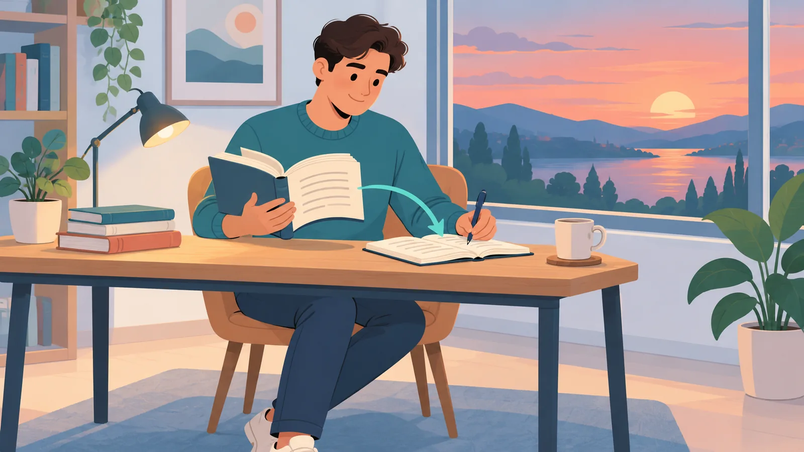 Alacakaranlıkta pencere kenarında okurken not alan kişi