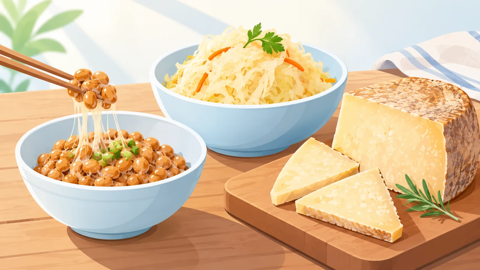 Natto ve diğer fermente gıdaların bulunduğu ahşap masa