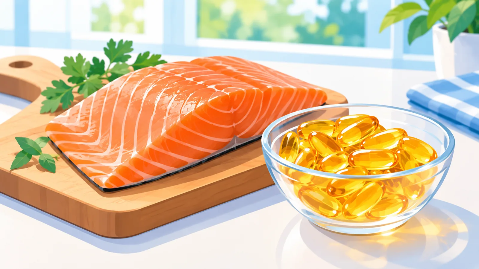 Somon filetosu ve yanında omega 3 kapsülleri