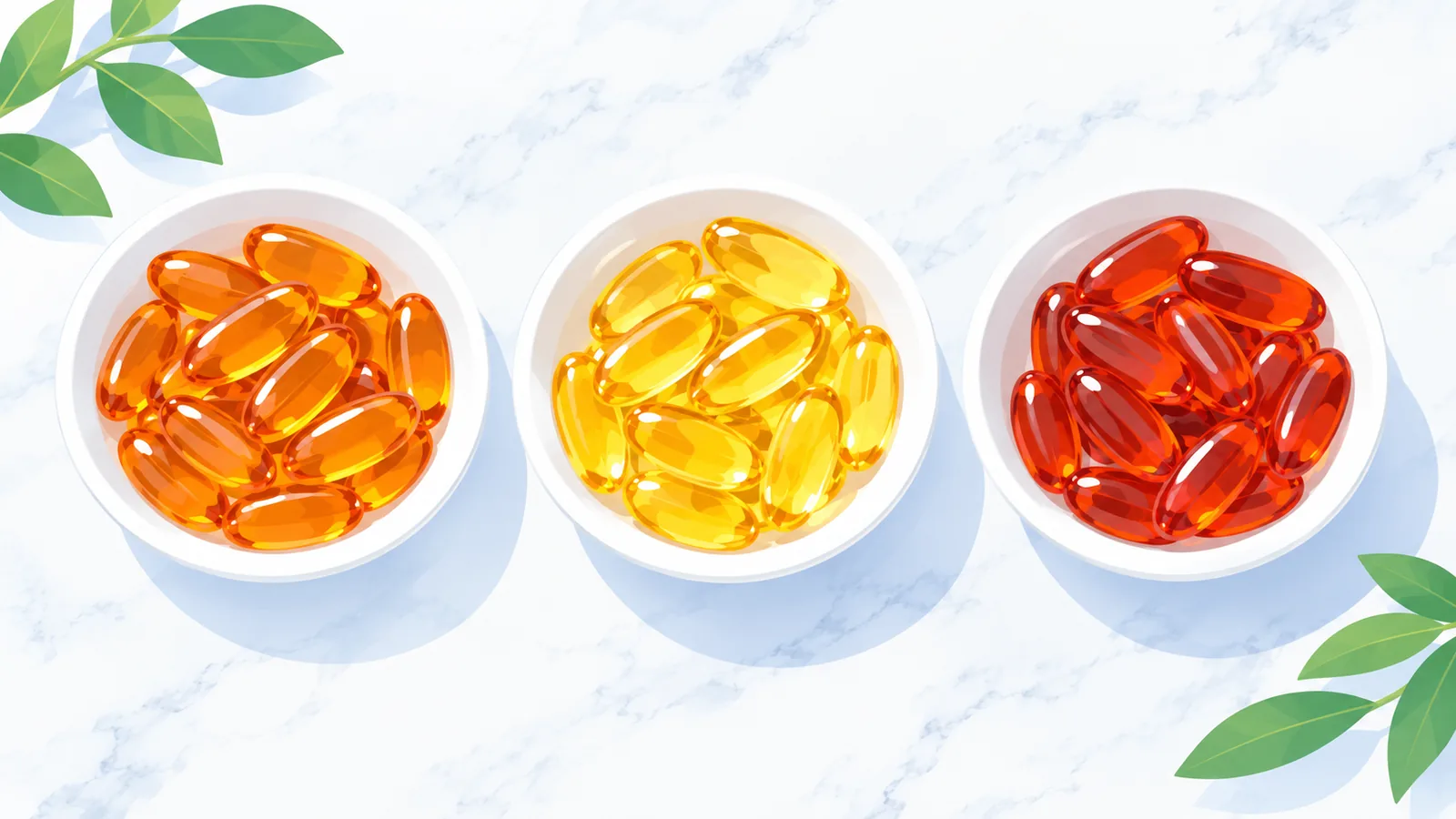 Farklı omega 3 kapsül formlarını gösteren üç küçük kase