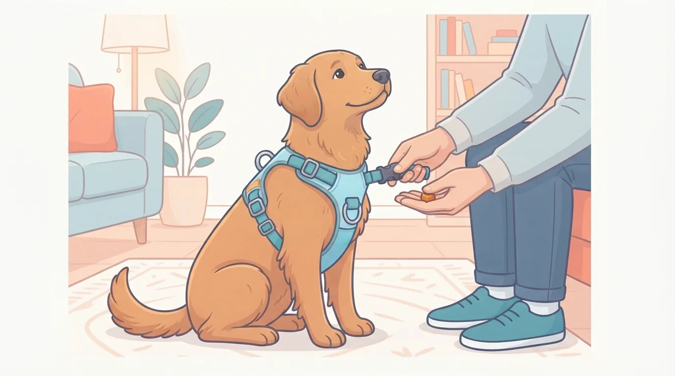 Evde göğüs tasmasına sakin biçimde alıştırılan köpek