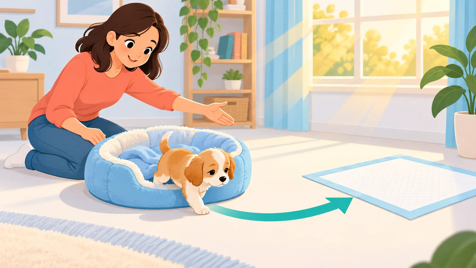 Uyanan yavru köpeği nazikçe çiş pedine yönlendiren kişi