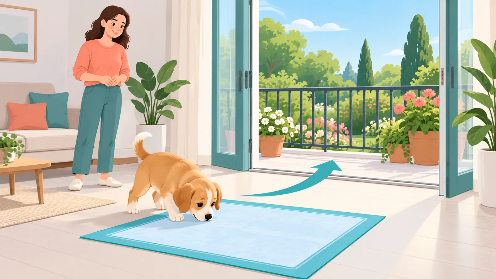 Açık kapının yanına taşınmış pedi koklayan yavru köpek