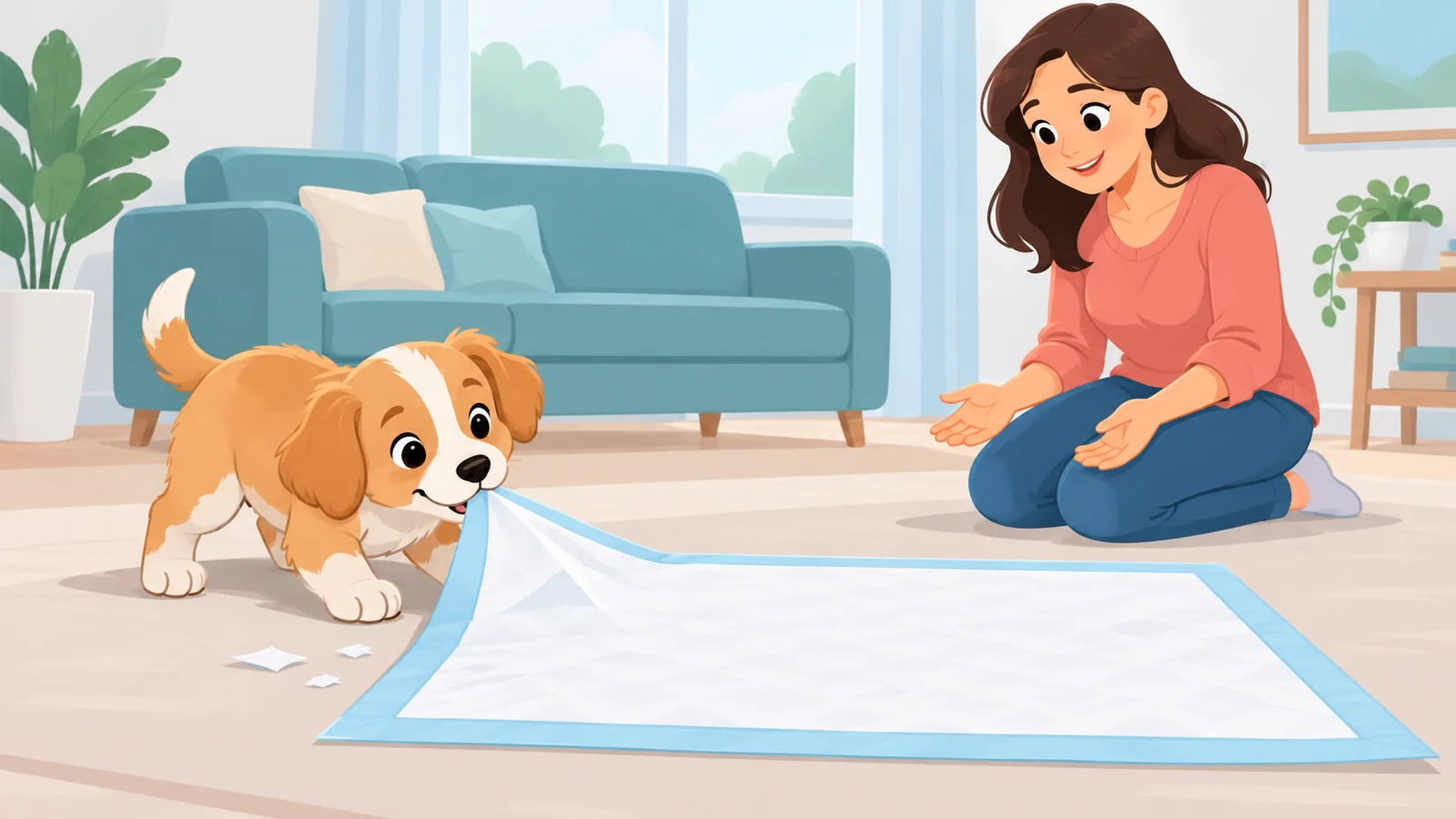 Pedin kenarını çiğneyen yavru köpek ve sabırla izleyen sahibi