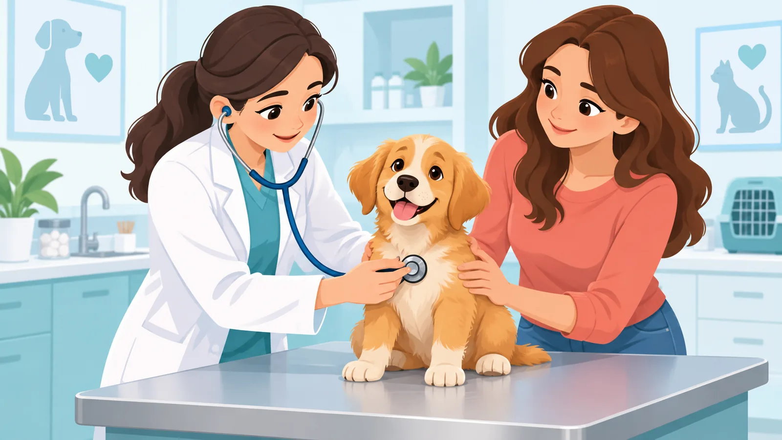 Muayene masasında yavru köpeği inceleyen veteriner hekim