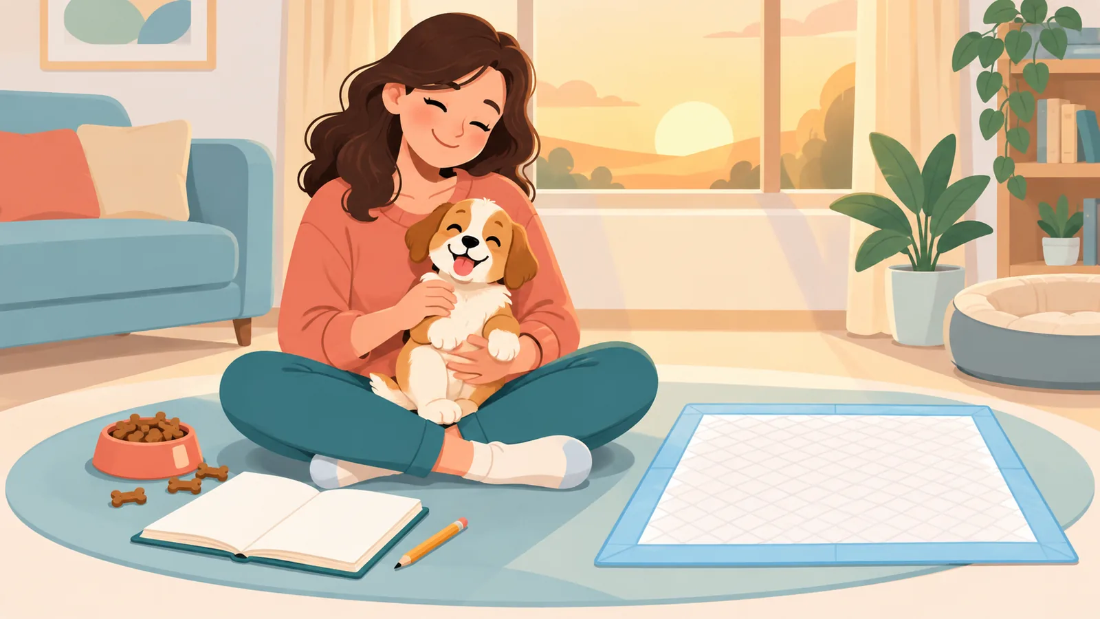 Yavru köpeğiyle yerde oturan, gülümseyen rahat bir köpek sahibi
