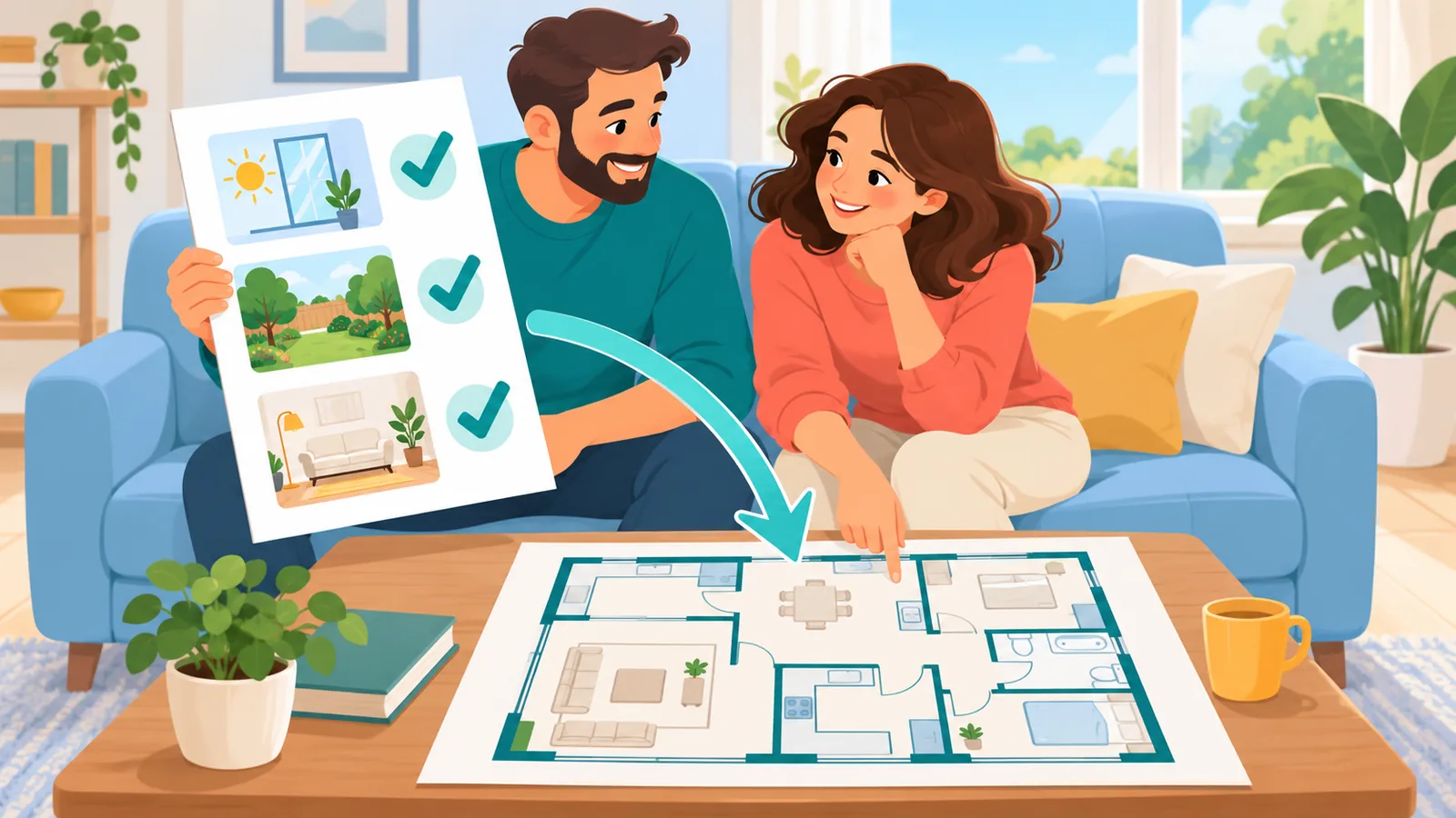Çift ev ihtiyaçlarını yazdıkları kontrol listesi üzerinde konuşuyor