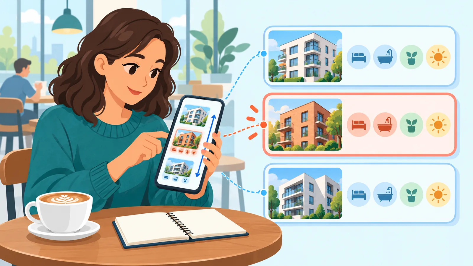 Telefonda kiralık daire ilanlarını inceleyen kişi kafede oturuyor