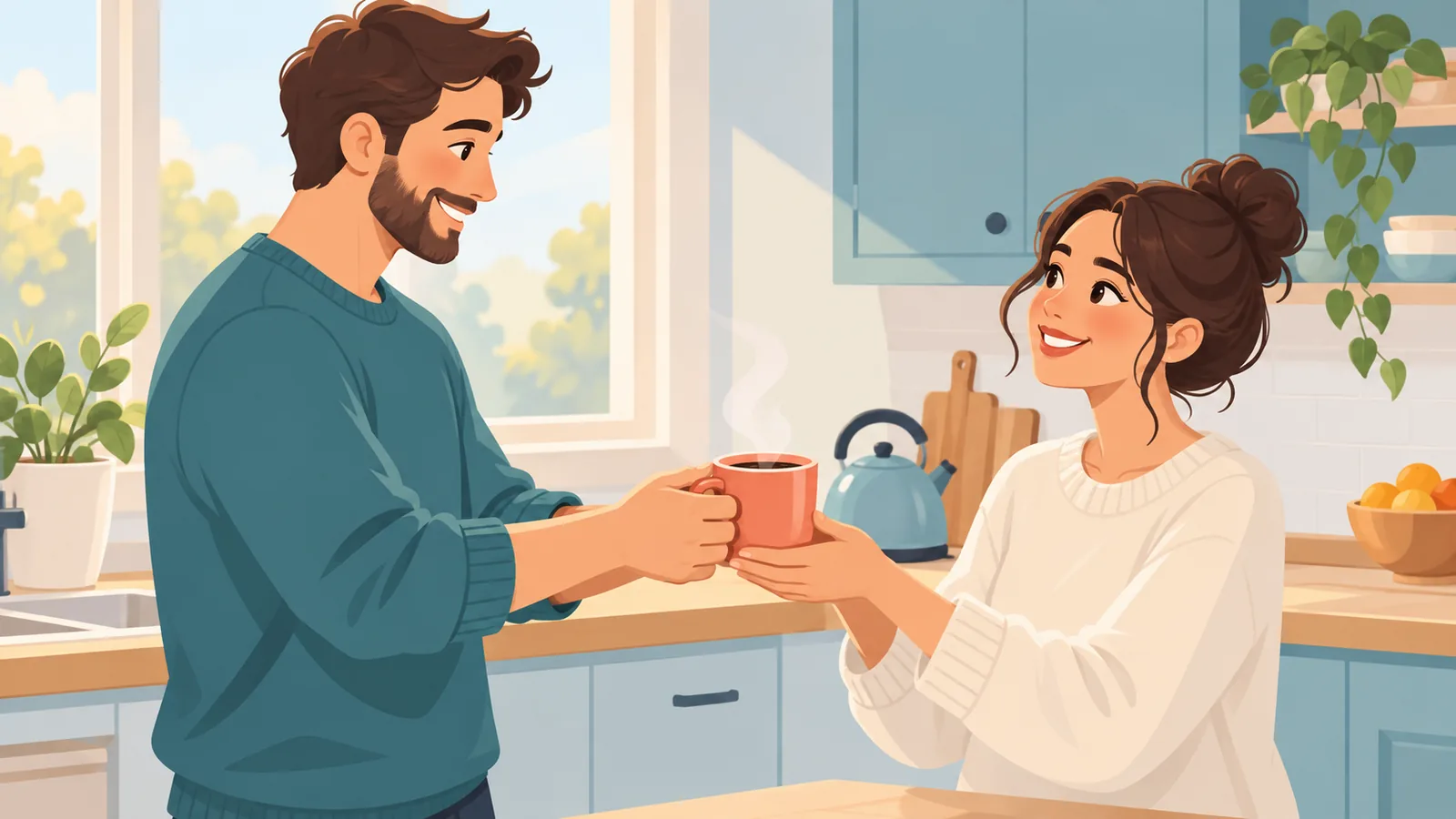 Partnerine kahve uzatan ve teşekkür alan bir çift