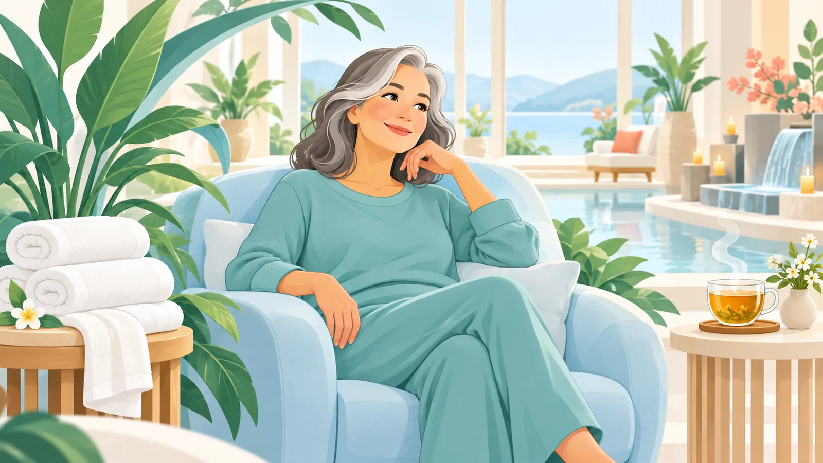 Spa gününde dinlenen gülümseyen kadın