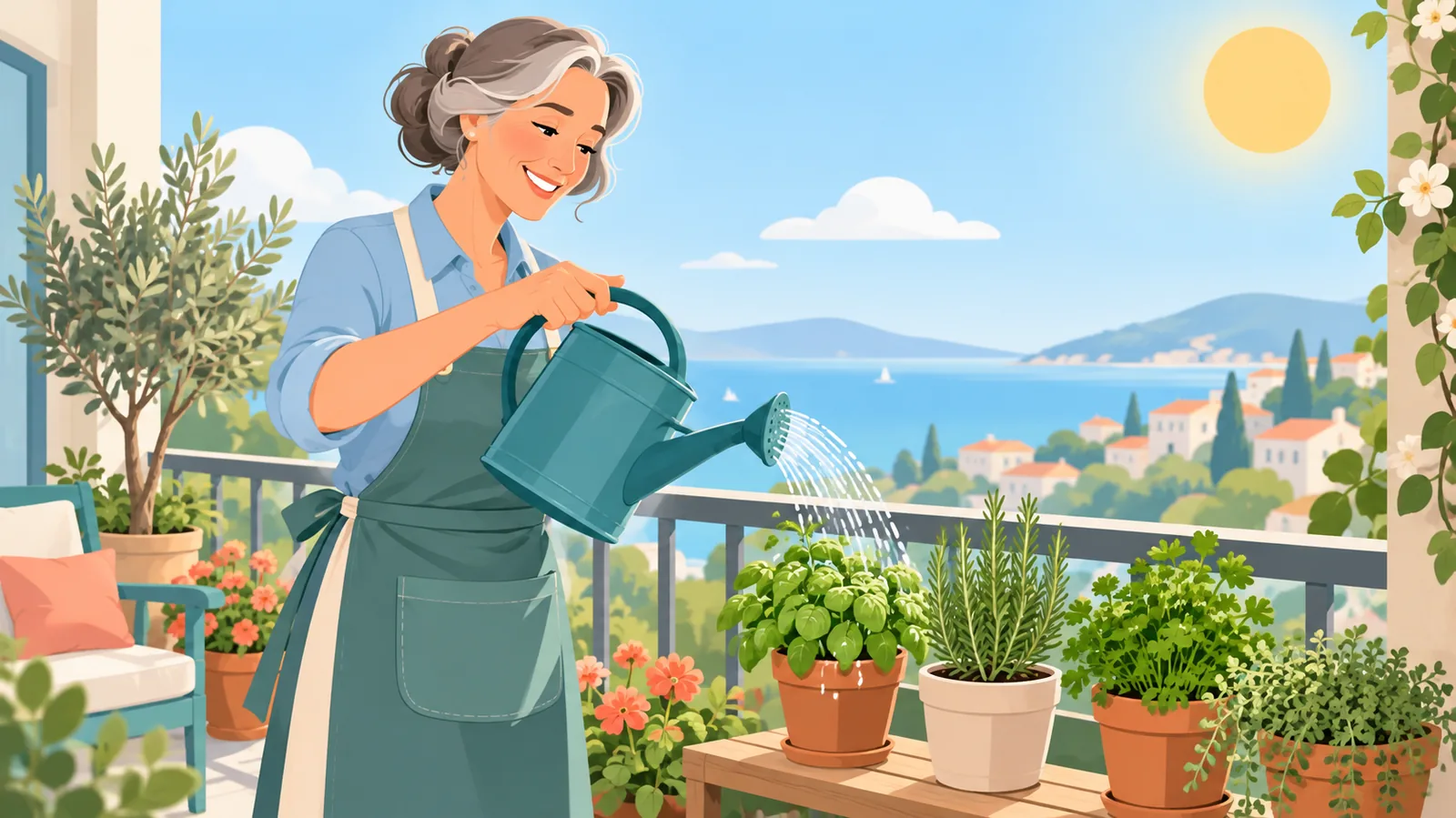 Balkonda bahçeyle uğraşan mutlu bir kadın