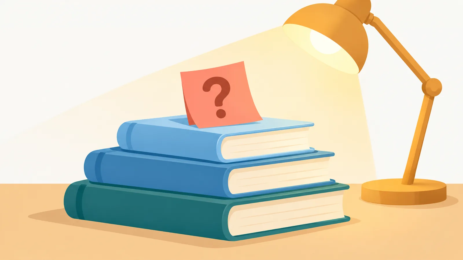 Ahşap masada kitap yığını ve soru işaretli yapışkan not