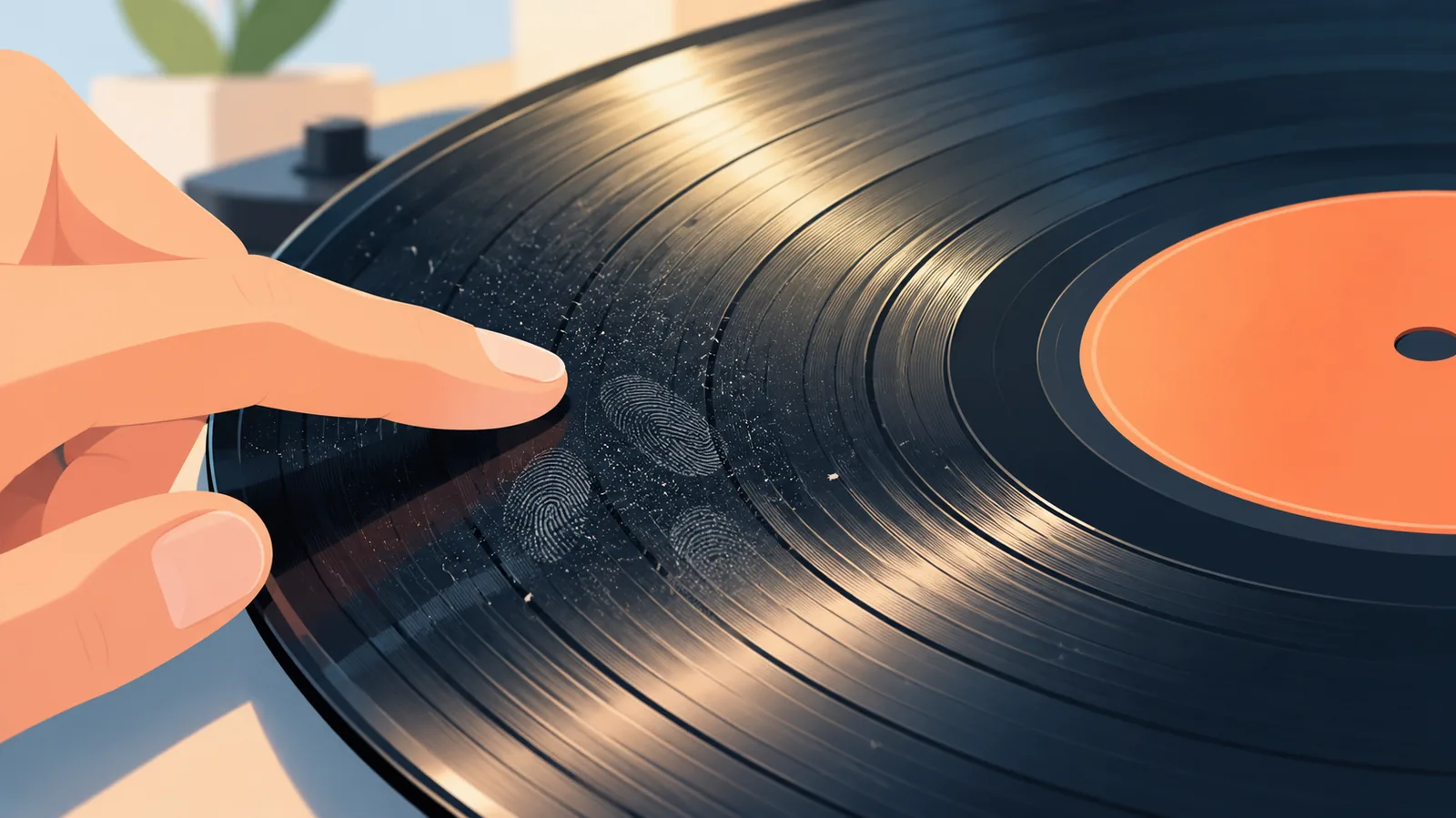 Vinil plak yüzeyinde toz ve parmak izleri