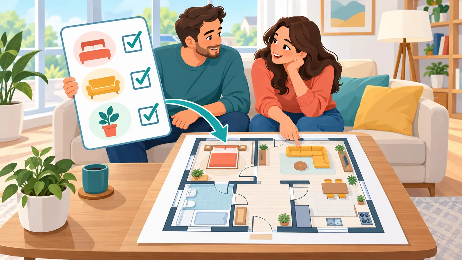 Çift ev ihtiyaçlarını yazdıkları kontrol listesi üzerinde konuşuyor
