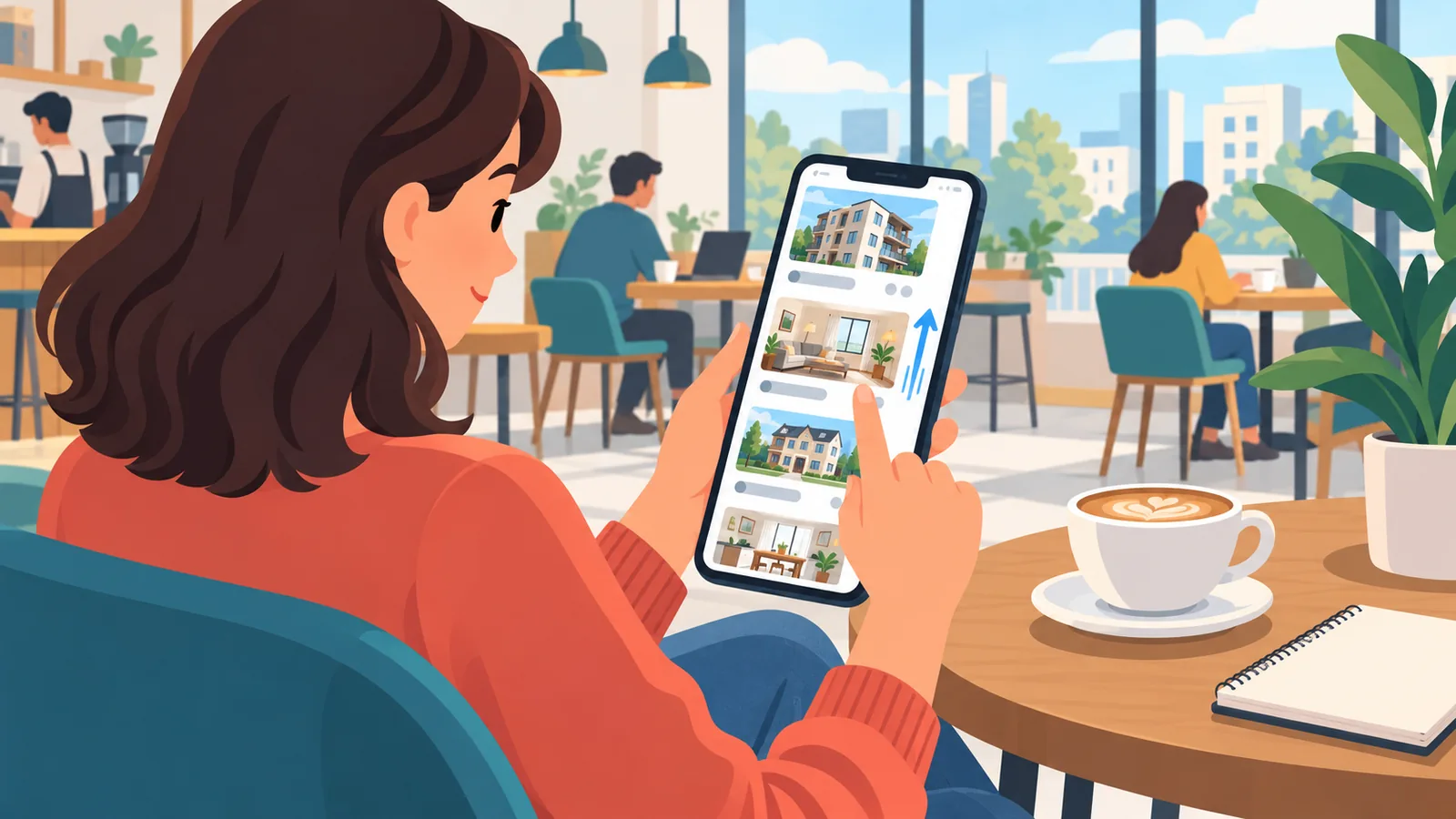 Telefonda kiralık daire ilanlarını inceleyen kişi kafede oturuyor