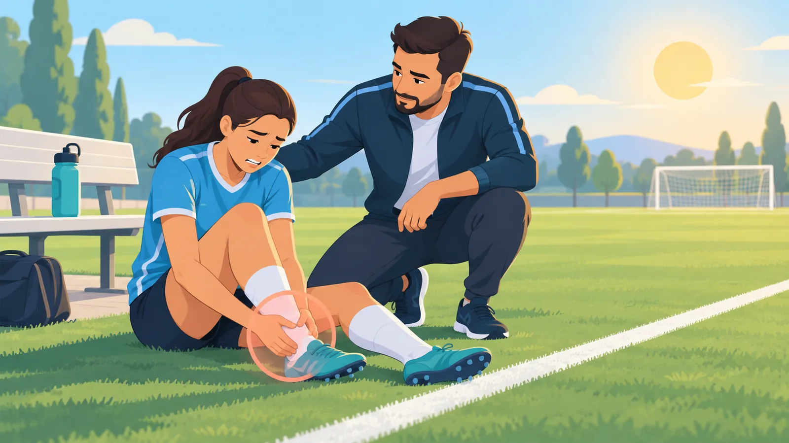 Sporcu ayak bileğini tutarak sahada oturuyor