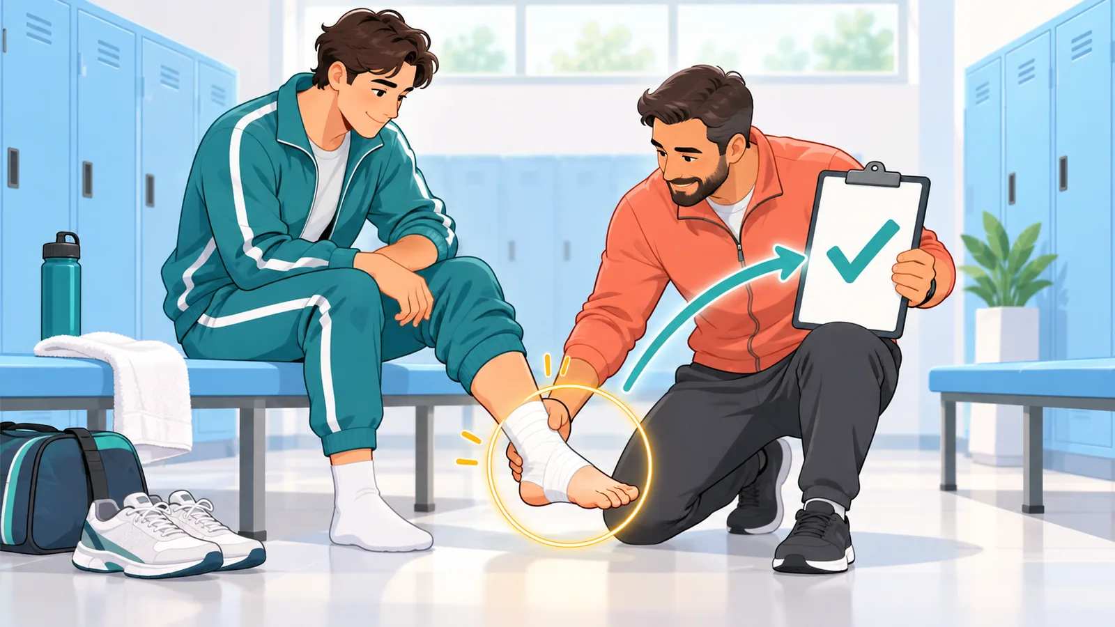 Antrenör oyuncunun bantlı ayak bileğini kontrol ediyor