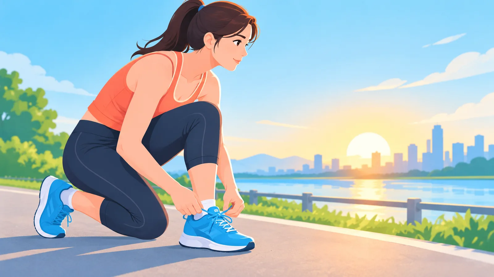 Gün doğarken koşu ayakkabısını bağlayan spor kıyafetli kadın