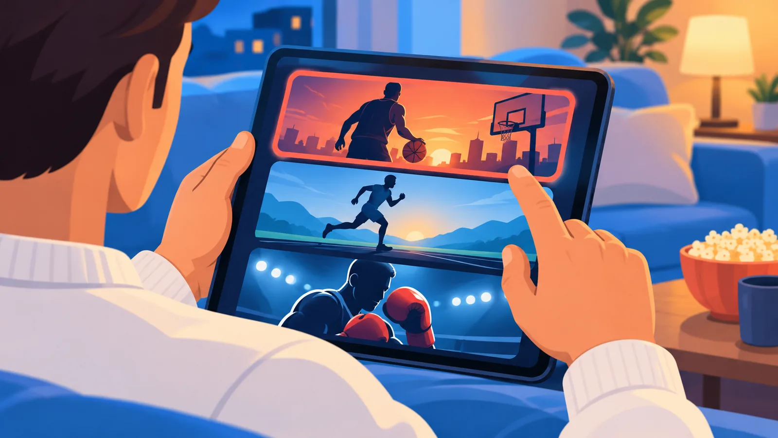 Tablette sıralı spor filmi listesine bakan kişi