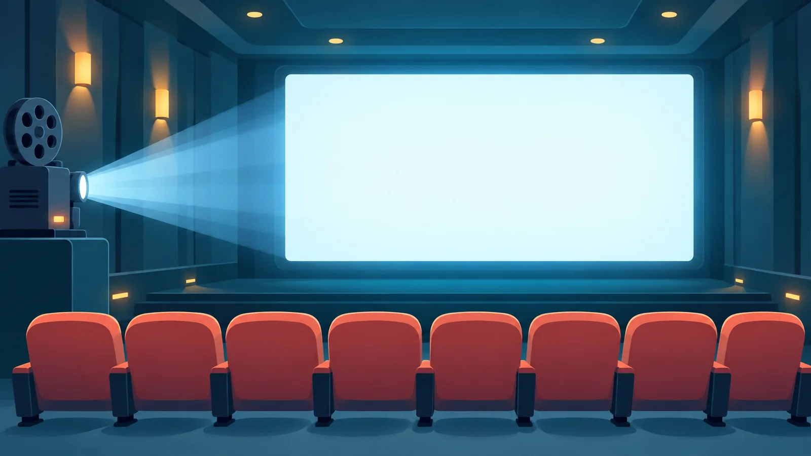 Boş koltukların önünde ışıldayan sinema perdesi