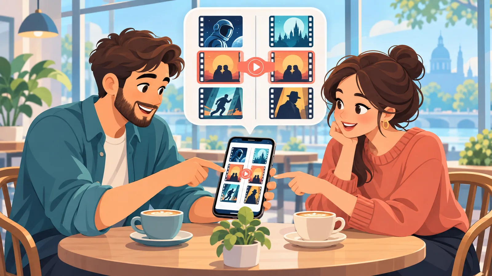 Kafede telefondaki film listelerini karşılaştıran iki kişi