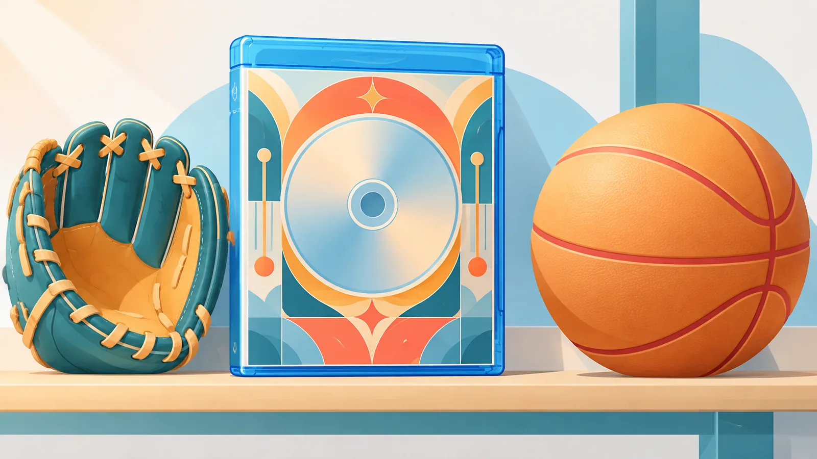 Rafta beyzbol eldiveni ve basketbol topunun yanındaki koleksiyonluk Blu-ray kutusu