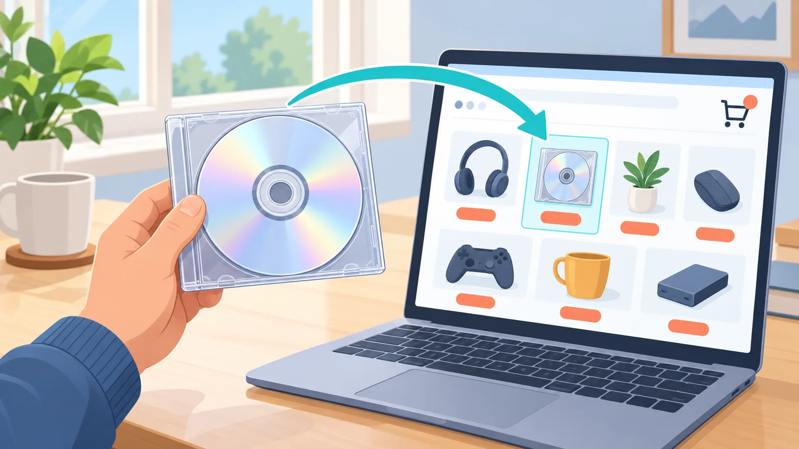 Online mağaza sayfası açık dizüstü bilgisayarın yanında disk kutusu tutan el
