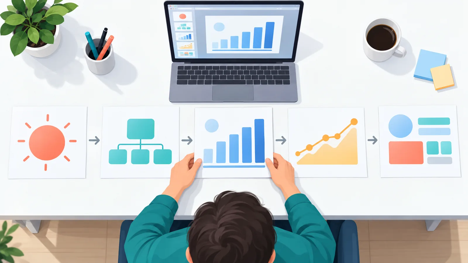 Pitch deck slaytları masada diziliyor
